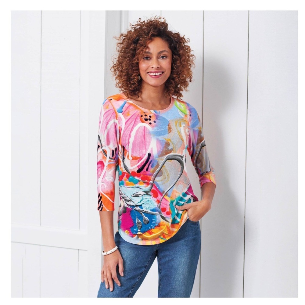 Claire Desjardins Sunrise Abstract Art Print Top Womens XL 3/4 Sleeve - Picture 5 of 9
